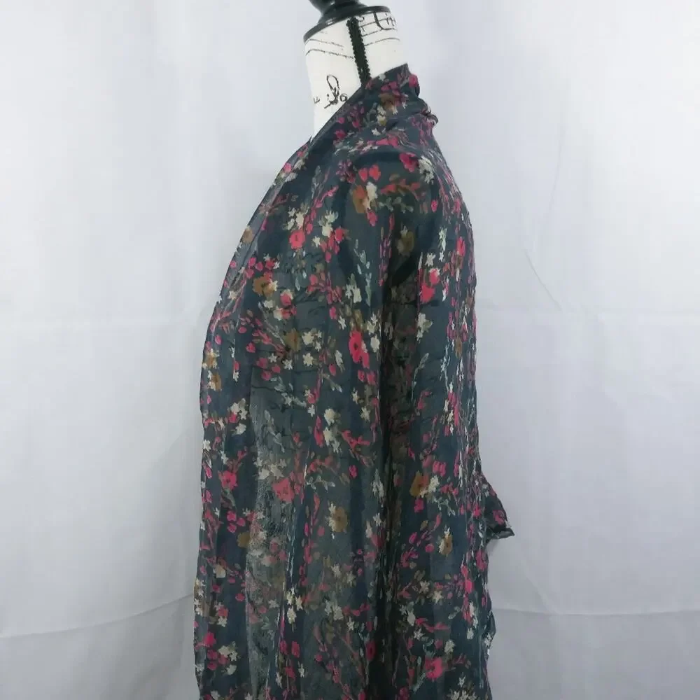 Blue Red Floral Scarf Wrap With Fringe
